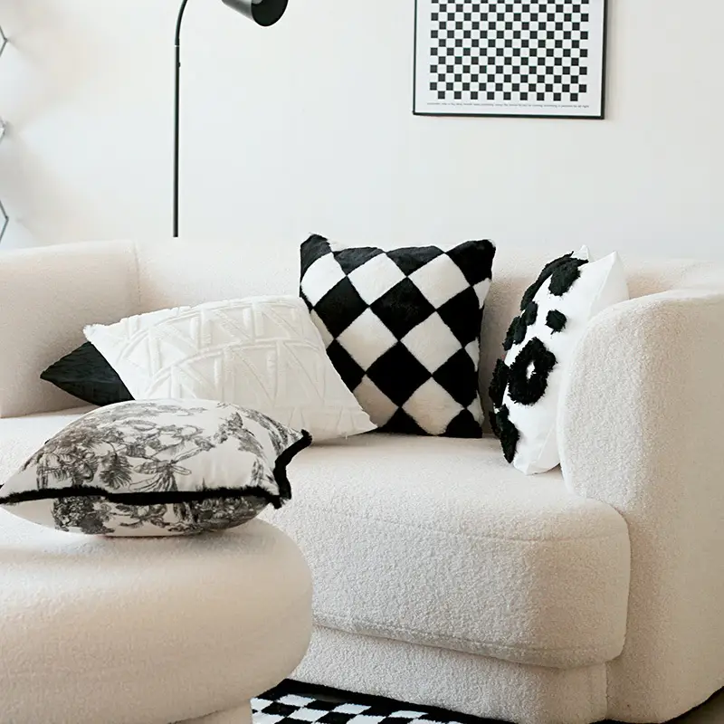 Retro Rabbit Fur Light Luxury Checkerboard Sofa Cushion