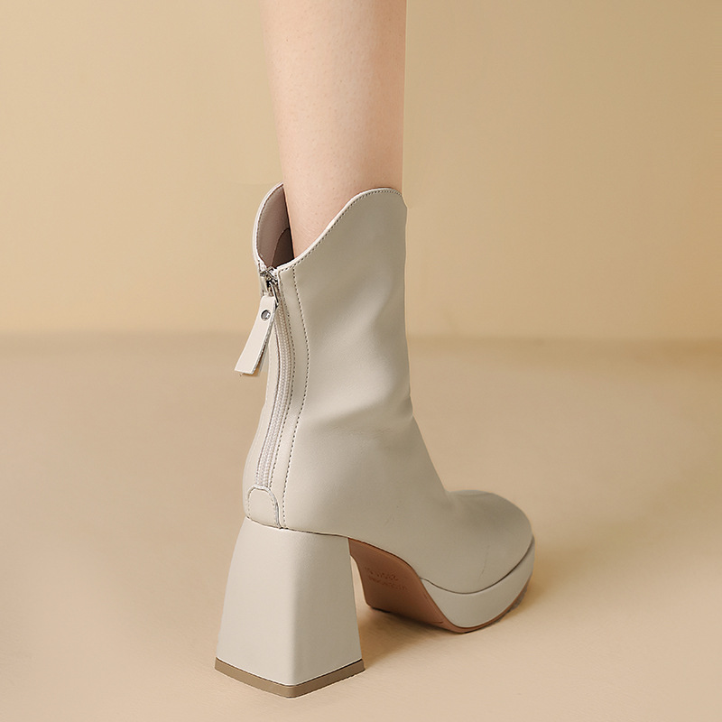 High Heel Back Zip Ankle Boots Chunky Heel Square Toe