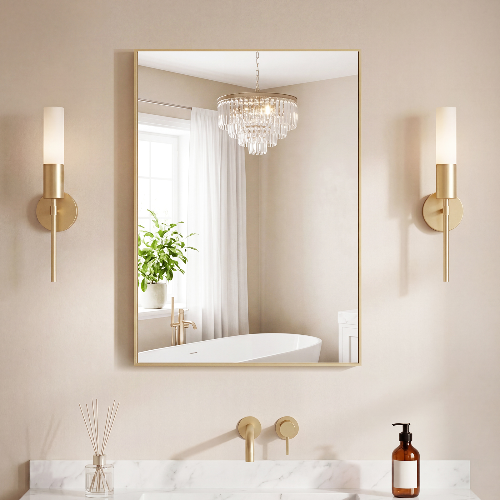 Bathroom Mirror, With Brushed Aluminum Frame, Rectangular Design, Square Corners At All Four Sides, Suitable For Wall Decoration In Home. image 2
