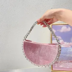 Vintage Banquet Rhinestone Semicircle Bag Diamond Velvet Clutch - Pink - View 1