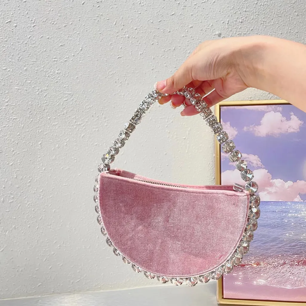 Vintage Banquet Rhinestone Semicircle Bag Diamond Velvet Clutch - Pink