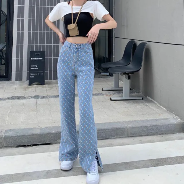 Retro Style High Waist Thin Wide Leg Pants Ladies Jeans Light Blue - Shop at LoveMi