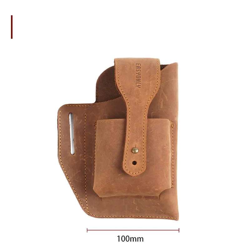 Men's Dual Mobile Phone Bag Hanging Waist Outdoor Construction Site Leather Belt Cover - Brown