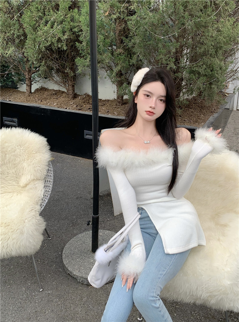 Spice Girl Off Shoulder Fur With Split Mid Length Women's Top