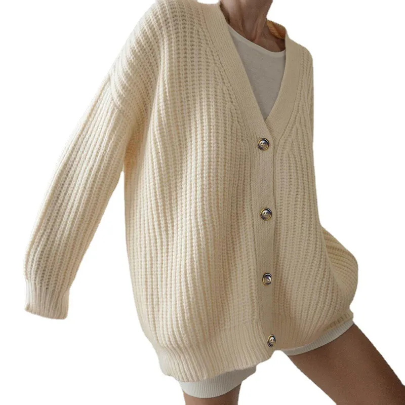 Comfortable Casual V-Neck Loose Sweater Solid Color - White