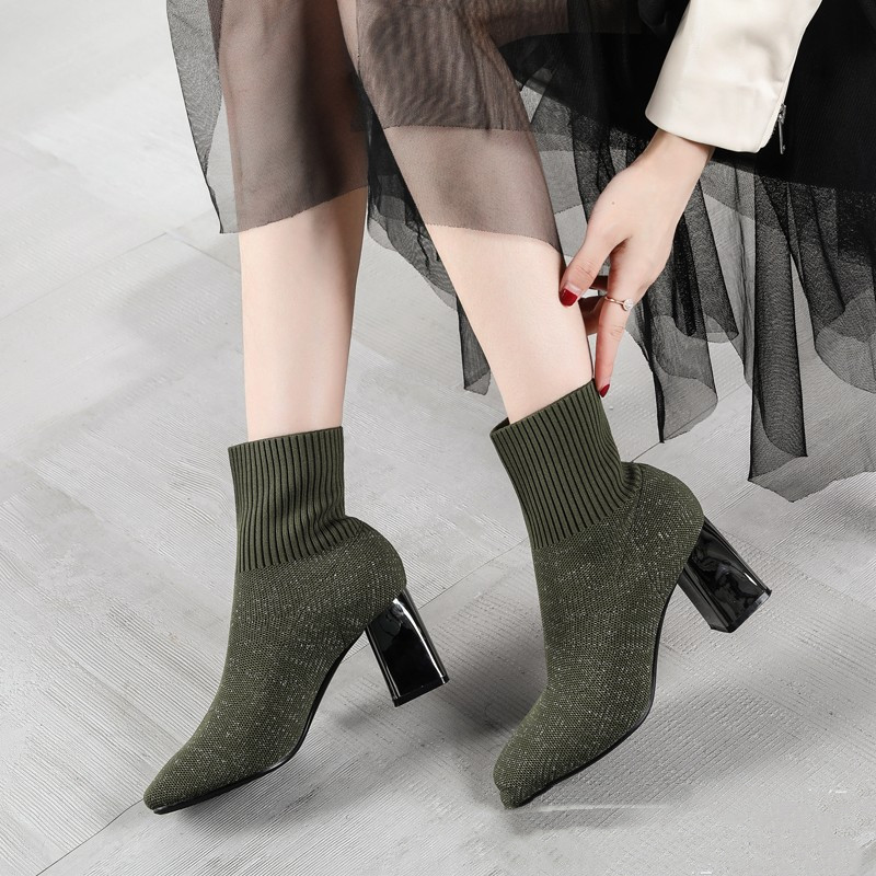 New Style Knitted Stretch Thin Boots Fashion Electroplated Thick Heel Ankle Boots