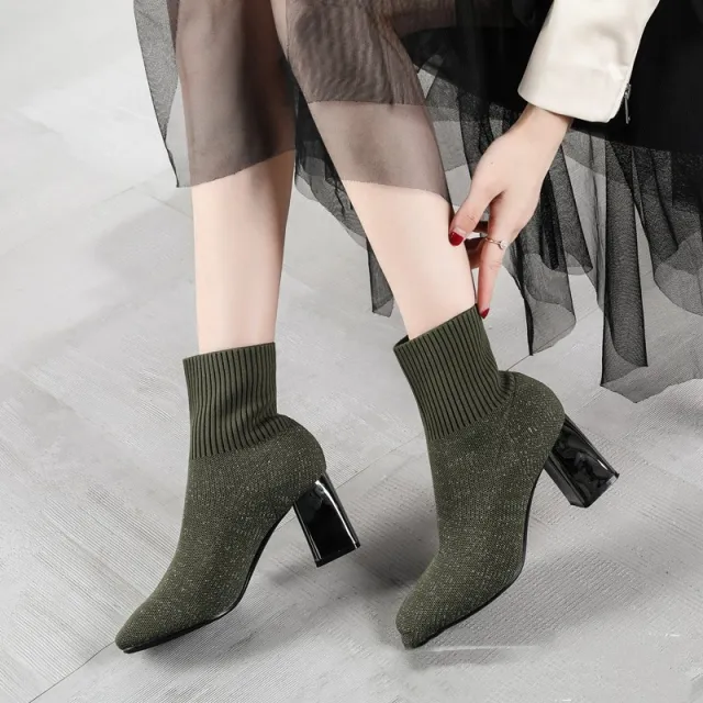 New Style Knitted Stretch Thin Boots Fashion Electroplated Thick Heel Ankle Boots Green - Shop at LoveMi