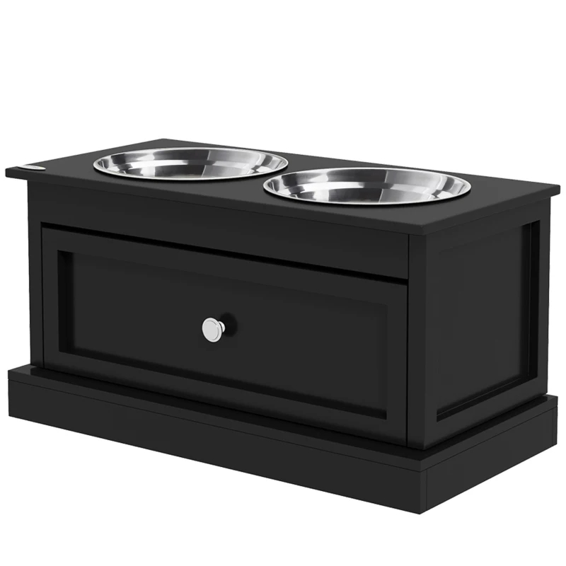 Dog Bowls With Storage Drawer, Raised Dog Bowl Stand Pet Food Bowl Dog Feeding Station, Black