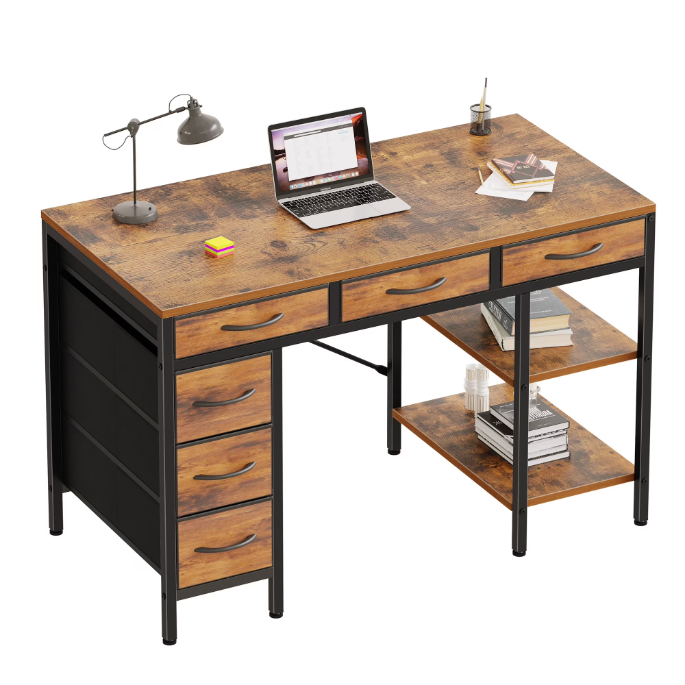 47 Inch Fabric Drawer Computer Desk, Multi-layer Storage Rack, Small Household Office And Study Desk, Suitable For Bedrooms, Rust Brown  Limited To Five Orders Per Address
