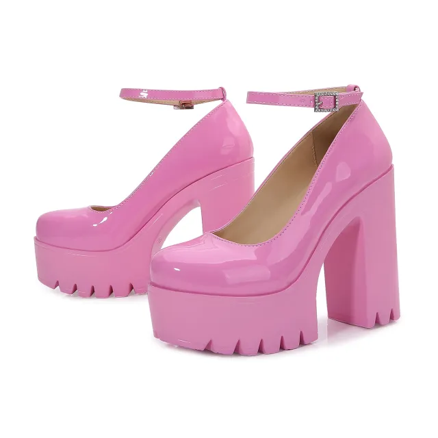 Women's New Thick Sole Shallow Mouth Round Toe Thick High Heels Pink - Shop at LoveMi