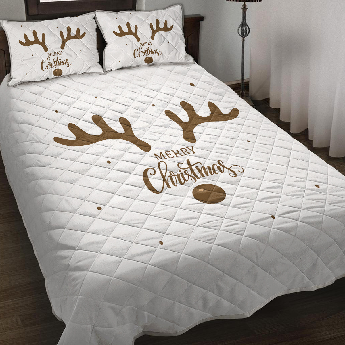 Deer Antler Pattern Christmas Quilt Set Microfiber Soft Lightweight Christmas Bedding Set, 1 Quilt With 2 Pillowcases
