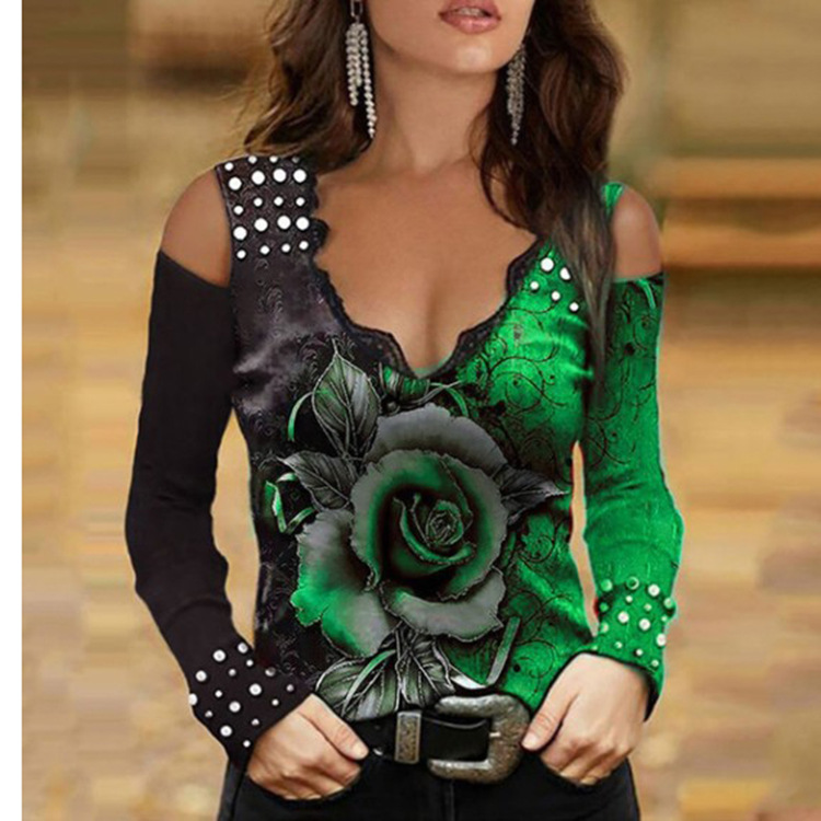 V-neck Printed Long-sleeved Pullover T-shirt