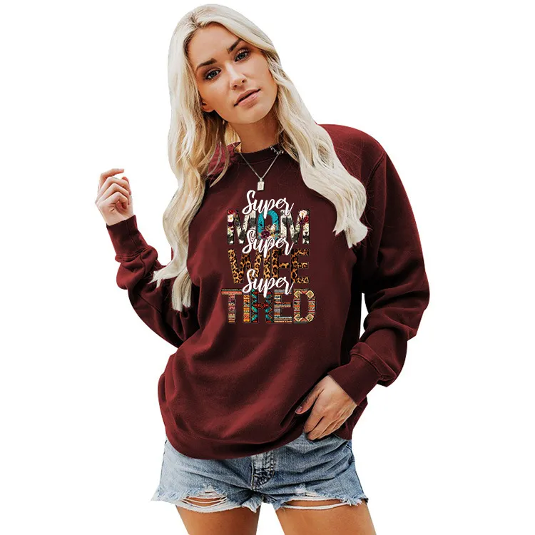 Women's Crew Neck Print Plus Size Sweatshirt - Wine