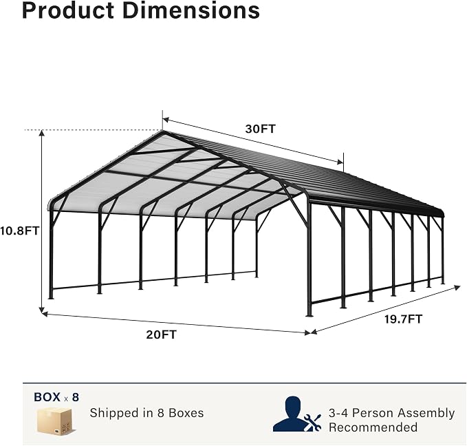 Galvanized Steel Carport, Outdoor Carport Full-Size Metal Carport Kit, 12' X 20' X 10.9', Charcoal