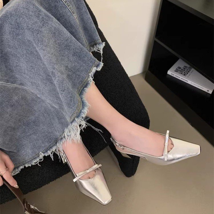 Women's Silver French Style Block Heel Sandals, 2025 New Arrival, Elegant Closed Toe Summer Shoes, Unique Designer Heels For Women