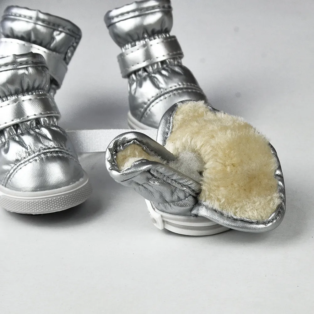 PU Mirror Leather Warm Pet Dog Shoes In Winter - Silver