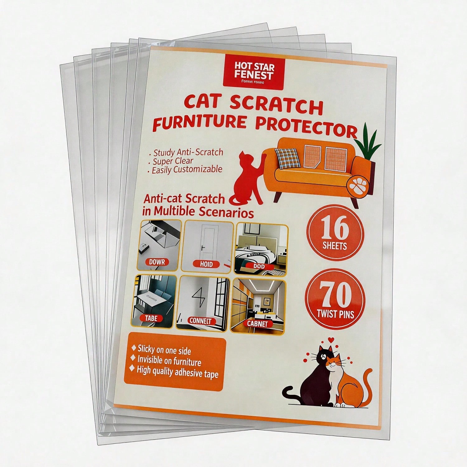 Cat Scratch Furniture Protector Set 16 Clear Sheets 70 Twist Pins, Invisible Anti Scratch Guards For Sofa, Door, Bed, Table, Cabinet view 4