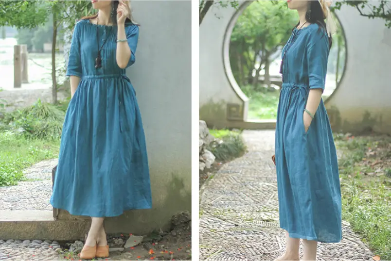 Women's Retro Organ Pleated Cotton And Linen Midi Dress