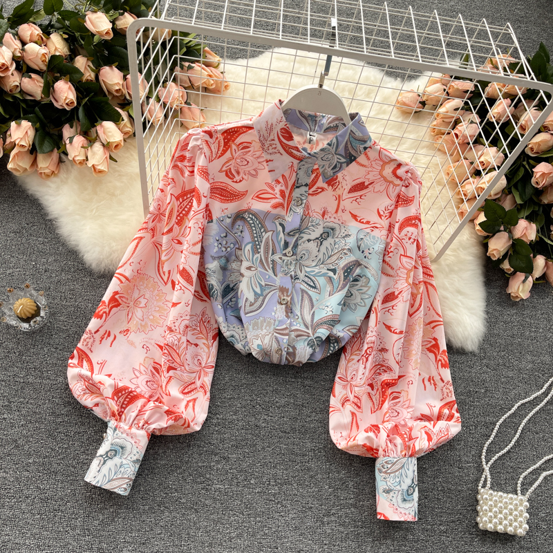 Lantern Sleeves Contrast Color Stitching Temperament POLO Collar Ladies Shirt Trend