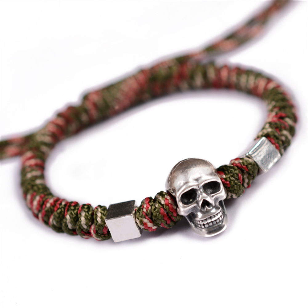 Men's Skull Bracelet 999 Sterling Silver Bangles Handwoven Adjustable Rope - Picture 6 of 9