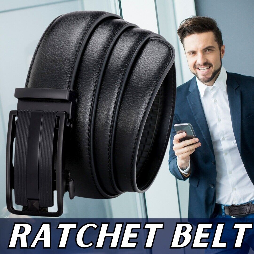 Ratchet Leather Belt with Slide Buckle for Men. USPS First Class Package 2 Day Handling , 2-5 Day Shipping. Microfiber PU Leather Ratchet Belt Belts For Men Adjustable Size with Automatic Slide Buckle No Holes by KT Deals. Ratchet Closure - made of high q