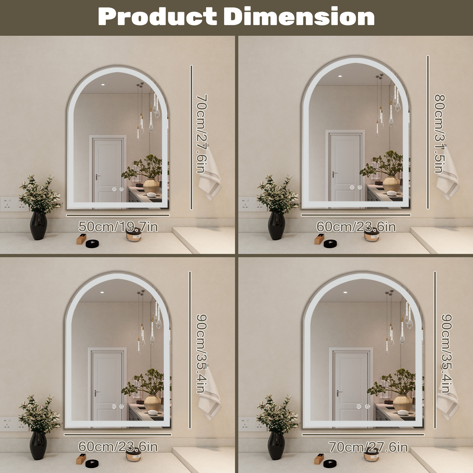 Smart Anti-fog LED Bathroom Mirror Arch Shape Dual Light 3 Color Temperatures Memory Dimming image 6