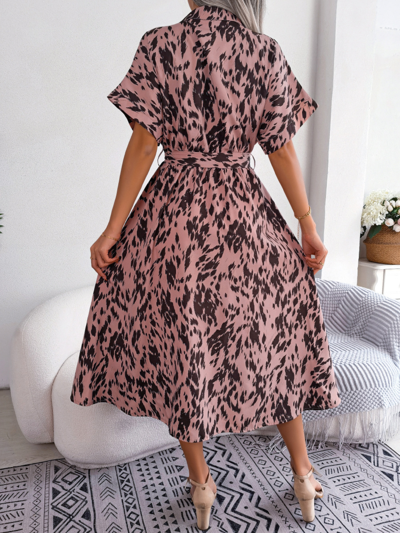 Women's Casual Loose Leopard Print Tie Waist Shirt Dress - Image 11