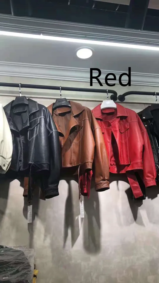 Black And White Line Lapel Women's PU Leather Jacket Red - Shop at LoveMi