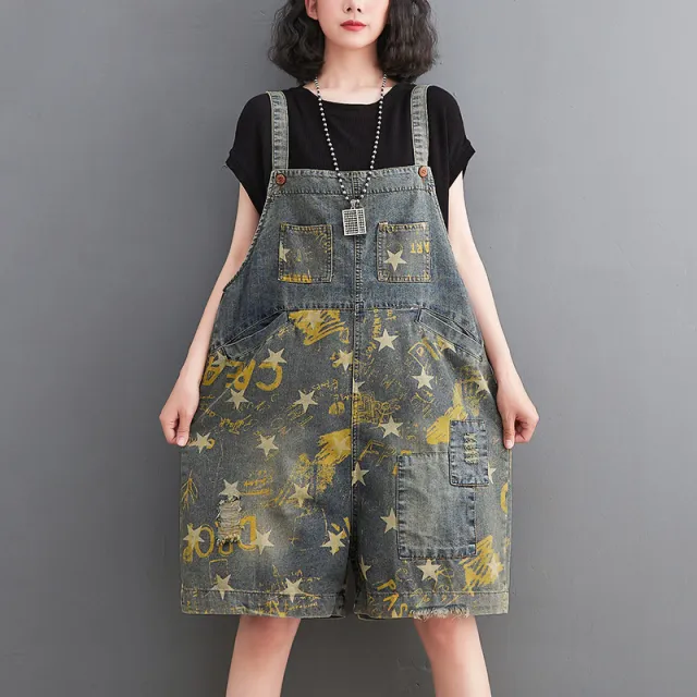 Plus Size Sister Nostalgic Pentagram Print Denim Bib Shorts Yellow - Shop at LoveMi
