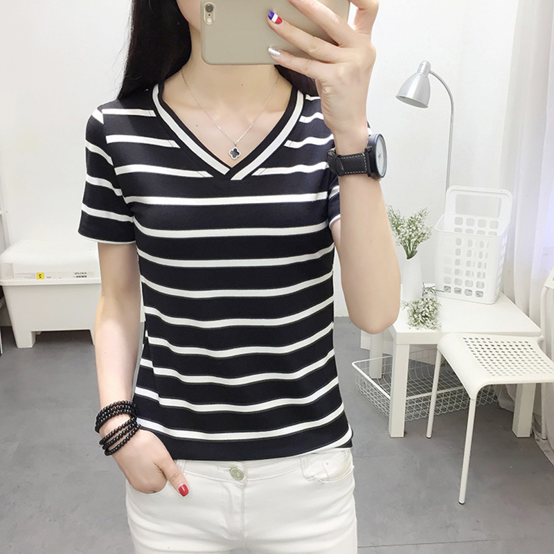 Women’s Black and White Striped V-Neck Short Sleeve Top – Casual Slim Fit Basic Bottoming Shirt - Image 4