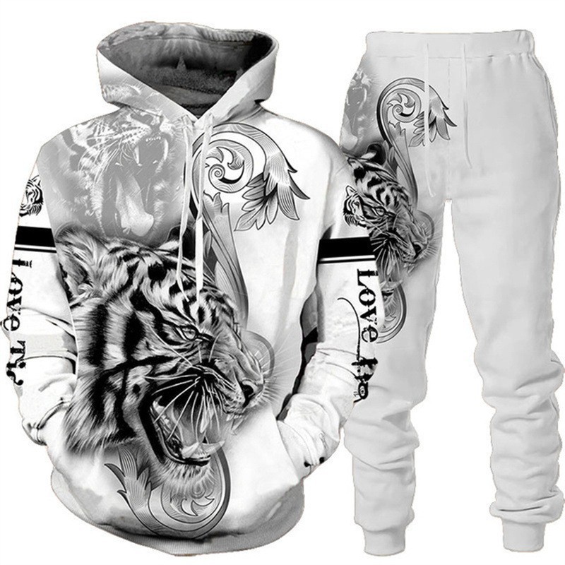 Tiger 3D Print Hooded Men's Sweatshirt Set