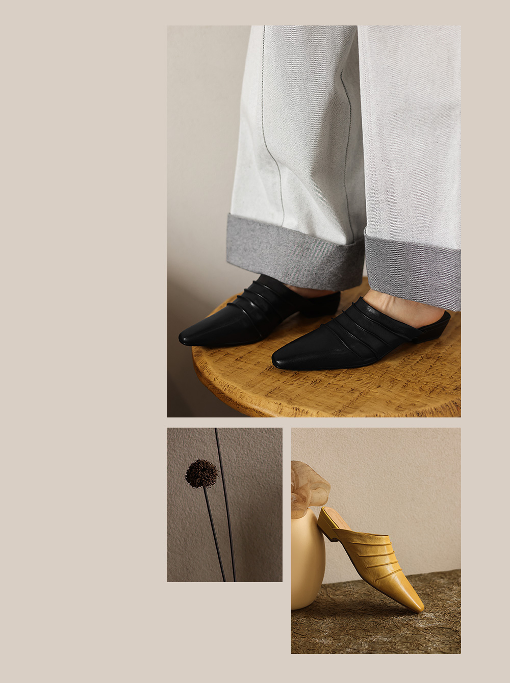 Handmade sheepskin ruched mule slides in off-white, mustard yellow, brown and black colorways