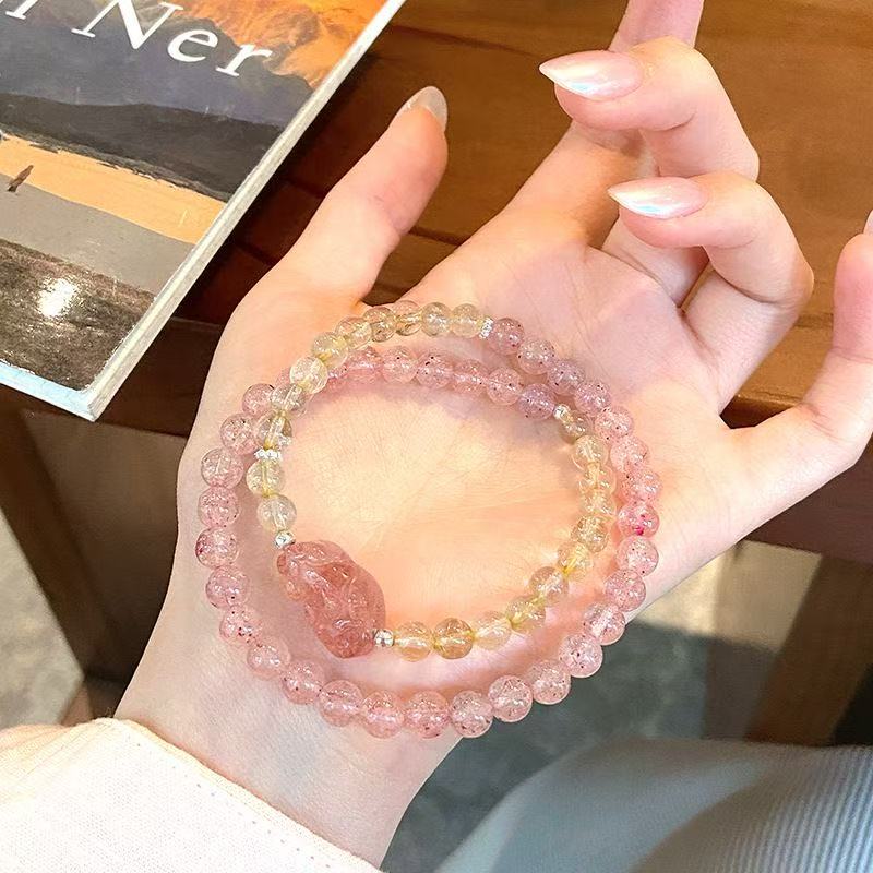 Natural Strawberry Quartz  Pixiu Bracelet Crystal Two Tone Beaded Chain Wealth Love Energy Jewelry For Women