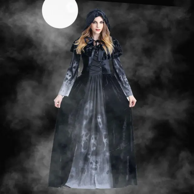 Halloween Women Medieval Gothic Witch Maleficent Horror Scary Cosplay Costume Carnival Party Ghost Long Black Hooded Dress Vampire - Shop at LoveMi
