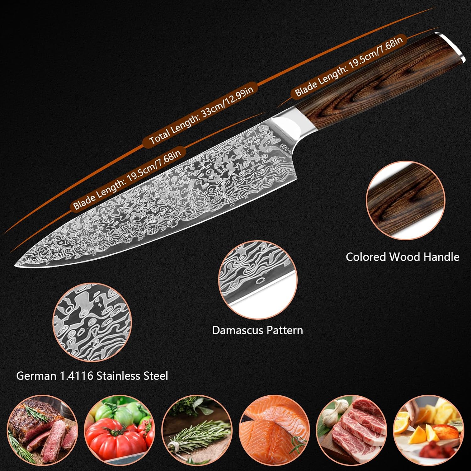 Vanadium-Steel-Chef-Knife-Laser-Pattern-Rosewood-Handle-MATERIAL-1-4116-molybdenum-vanadium-steel-imported-from-Germany-has-been-carefully-polished-through-10-processes-with-a-hardness-of-58HRC-and-a-thickness-of-2mm-Steel-kitchen-knife-is-not-only-sharp-