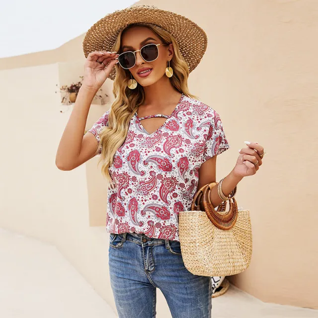 European And American Fashion Printing V neck Short sleeved Loose Pullover All match Shirt Top Red - Shop at LoveMi