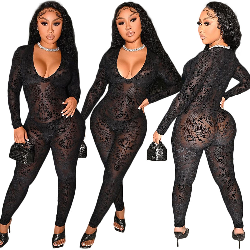 Women's Deep U See-through Mesh Print Slim Bodysuit - Image 2