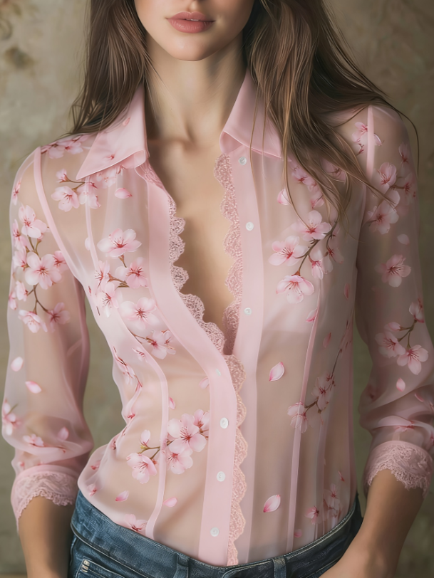 Lace V-neck Women's Long-sleeved Shirt