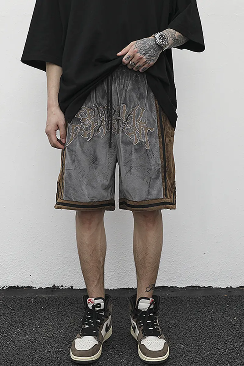 Embroidered Velvet Contrast Track Shorts