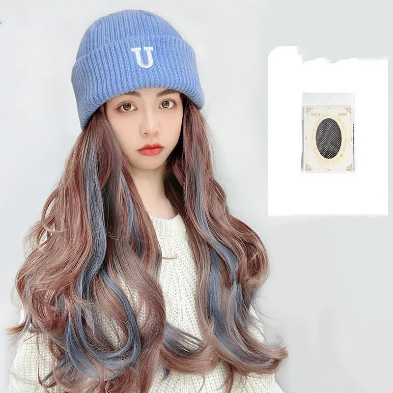 Hat Wig All-in-one Net Red Lady Lifelike Wool Knitted Hat