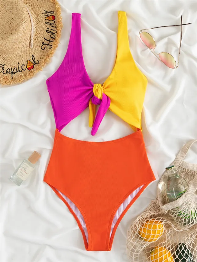 Colorblock Chest Knotted One Piece Swimsuit Two Piece Bikini Red - Shop at LoveMi