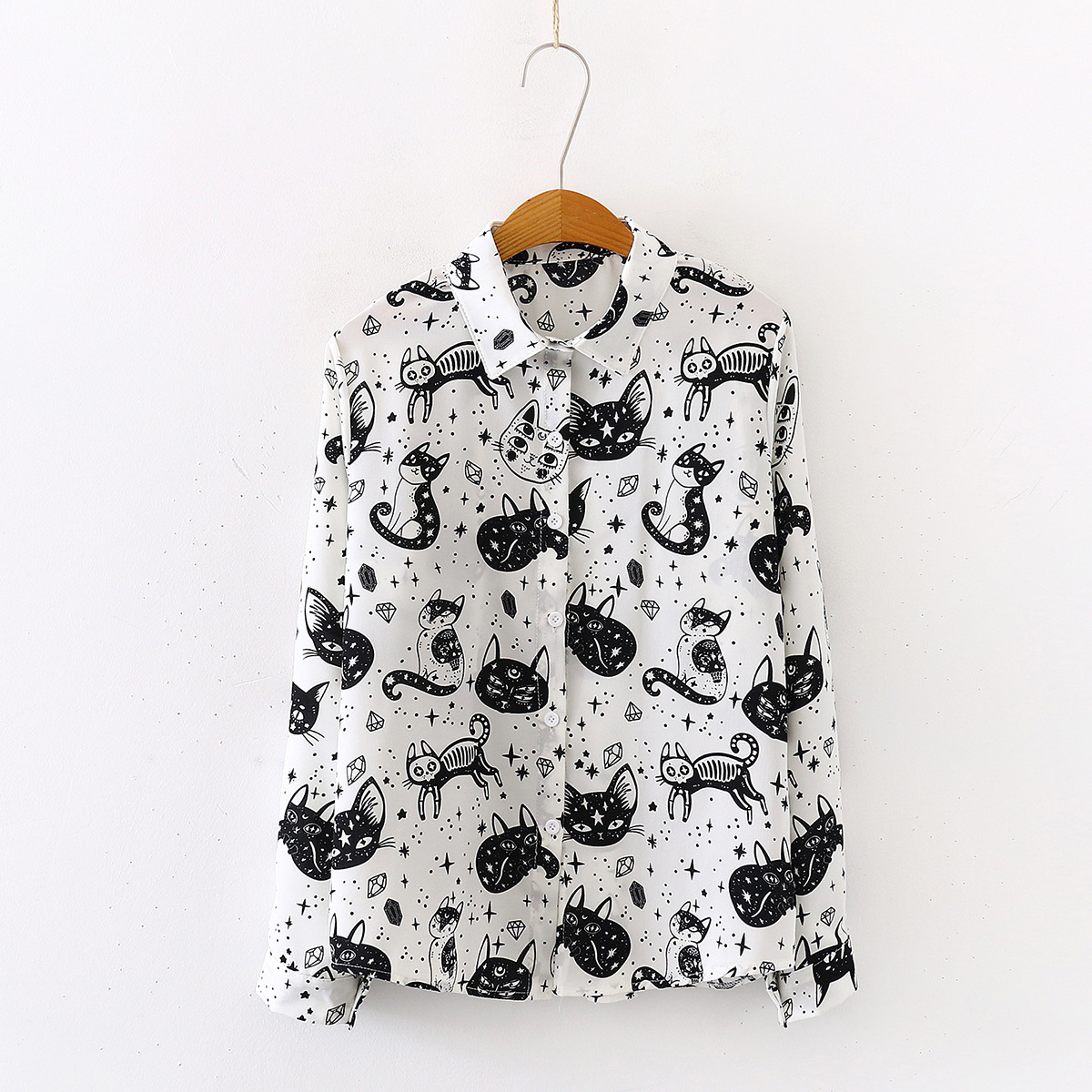 New Trend Loose Fashion Niche Design Sense Satin Black And White Cute Kitten Print Women's Blouse
