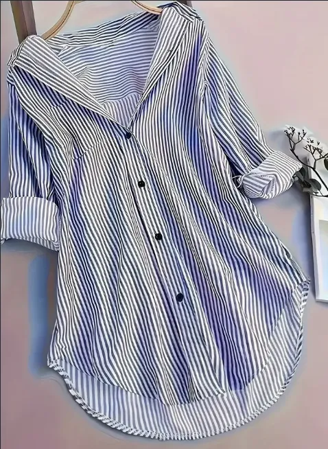 Stripe Print Button Front Blouse, Casual Long Sleeve Blouse For Spring & Fall, Women's Clothing Blue - Shop at LoveMi