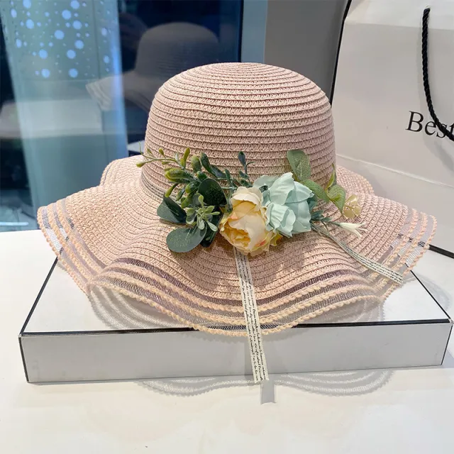 Straw Hat Women Sweet Big Brim Seaside Beach Pink - Shop at LoveMi