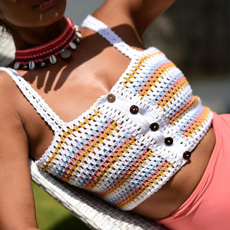 Sexy Beach Hollow Wrapped Chest Handmade Cotton Woven Sunscreen Bikini Top