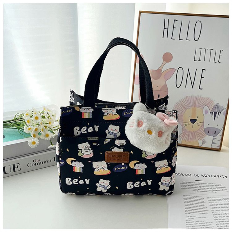 Handbag, Bento, Mommy, Office Worker, New Style For Going Out, Oxford Cloth Belt, Rice, Fashionable Carrying Bag, Large Capacity Makeup Bag - Rainbow Bear Black-pendant