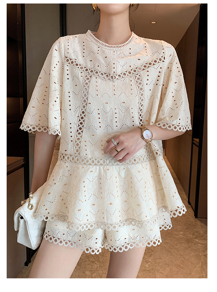 Hollow Embroidered Western Style Blouse And Shorts Loose Korean Two-piece Suit