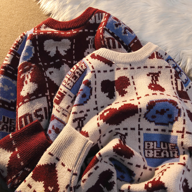 Men's Retro Design Burgundy Crew Neck Sweater