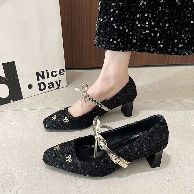2026 New Women's Square Toe Bowknot Woven Mary Jane Chunky Heel Pumps