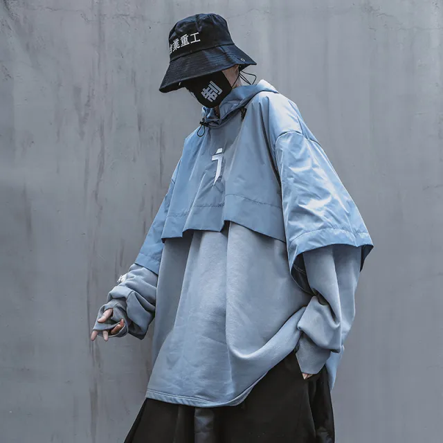 Shawl Sweater Fake Two Men And Women Dark Functional Wind Loose Hoodie Blue - Shop at LoveMi
